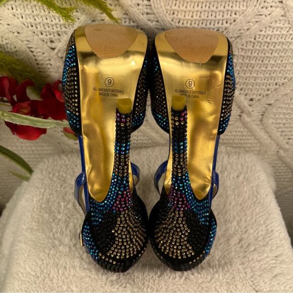 ALBA Multicolored Rhinestone Bejewled Super High Stiletto Heels Open Toe Pumps 9 - Picture 5 of 10